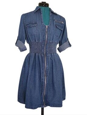 J. Gee Vintage Denim Dress Short Zip Up Shirred Waist Tab Sleeves Size PXL